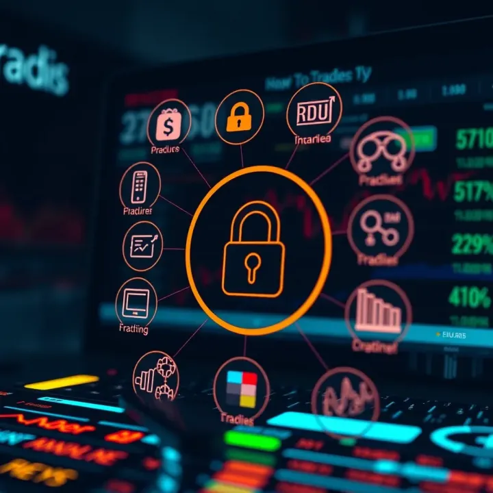 Illustration of digital trading platform features and security icons