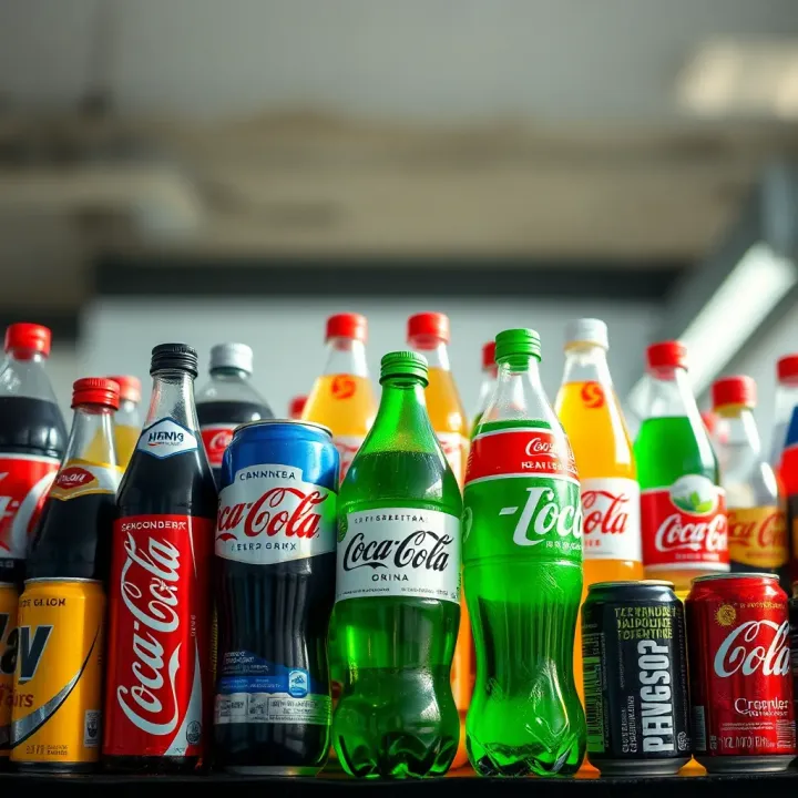 A diverse assortment of beverage bottles and cans representing major global competitors of Coca-Cola, including carbonated and health-oriented drinks