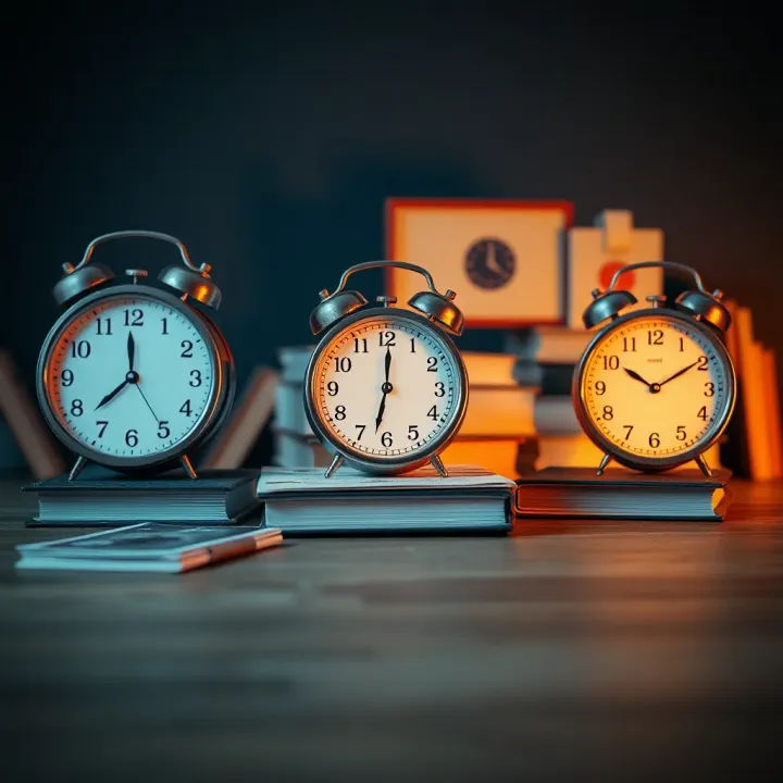 Four distinct study sessions illustrated with clocks and books representing focused learning intervals