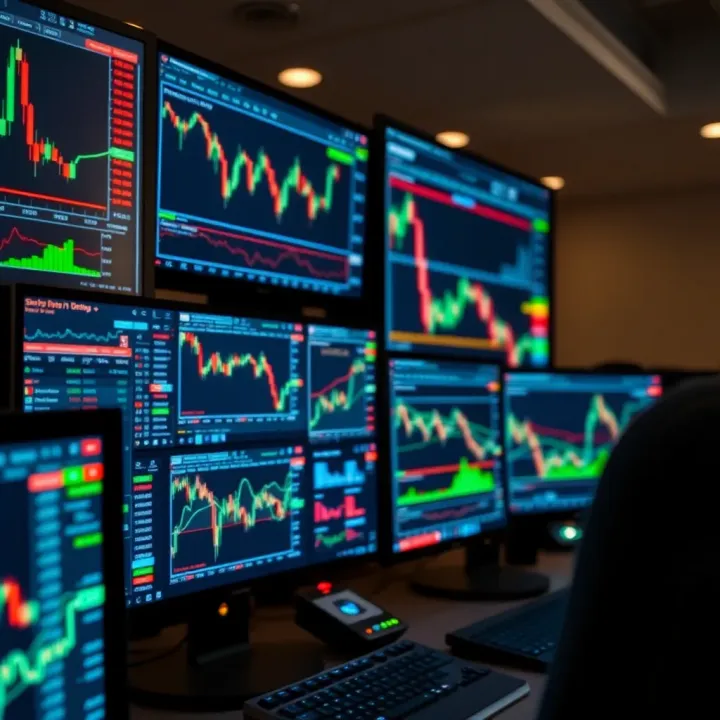 Close-up view of trading software interfaces on multiple monitors showing real-time financial graphs and analytics