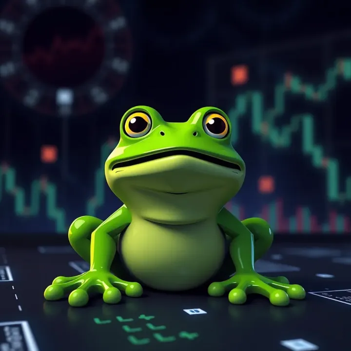 Pepe Coin Meme Cryptocurrency Symbol with Blockchain Theme Illustration of a green frog mascot symbolizing Pepe Coin with digital blockchain elements in the background