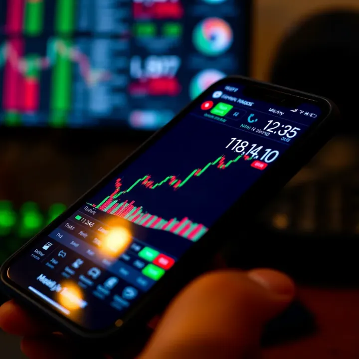 Mobile device displaying forex trading app interface with currency exchange charts and market data