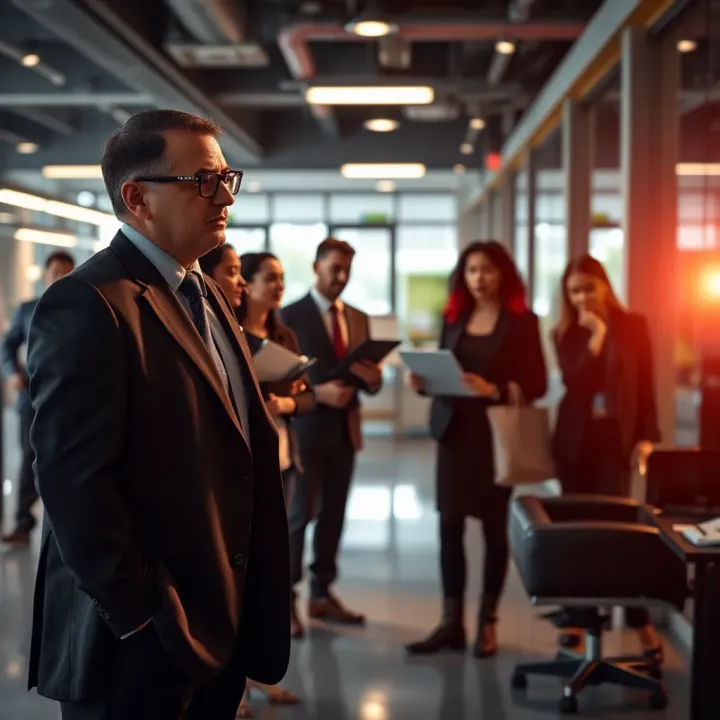 Dynamic company leader engaging with team members in a vibrant corporate setting
