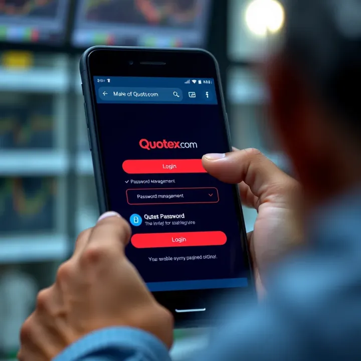 Mobile device displaying Quotex.com login interface with password management features for Indian users