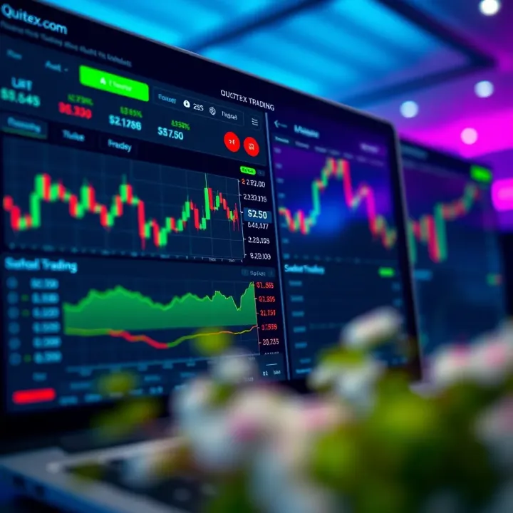 User interface of Quotex.com showing various trading options and charts