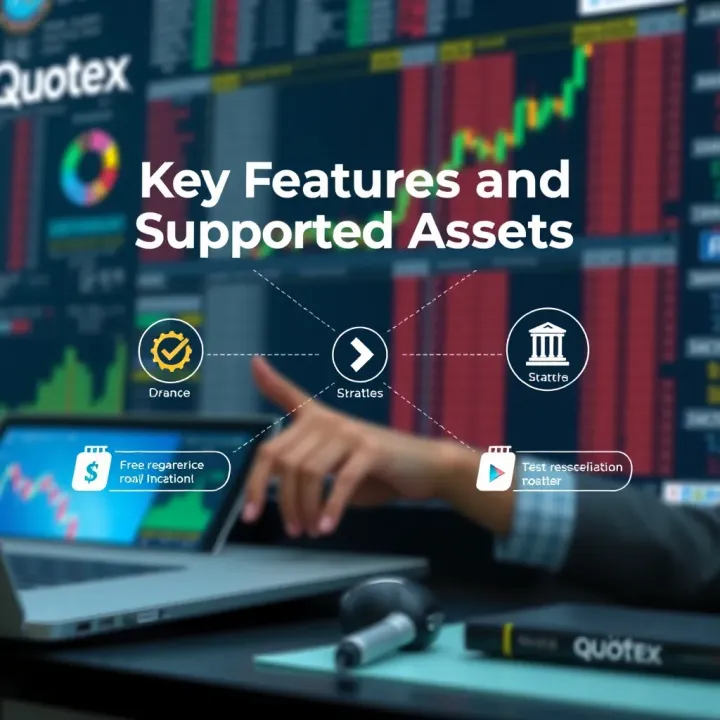 Graphical representation of key features and supported assets available on Quotex platform