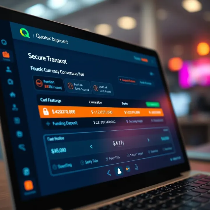 Secure online transaction interface highlighting currency conversion and safety features for funding Quotex accounts in India
