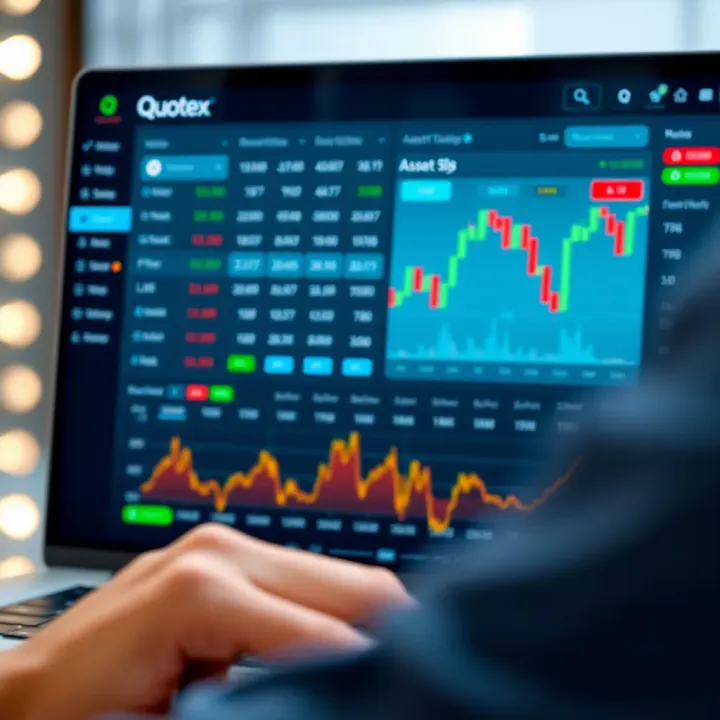 User interface of Quotex trading platform showing various asset options and live trading charts