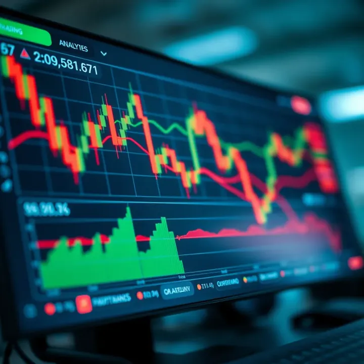 Illustration of trading analytics and strategies with graphs and indicators on digital screen