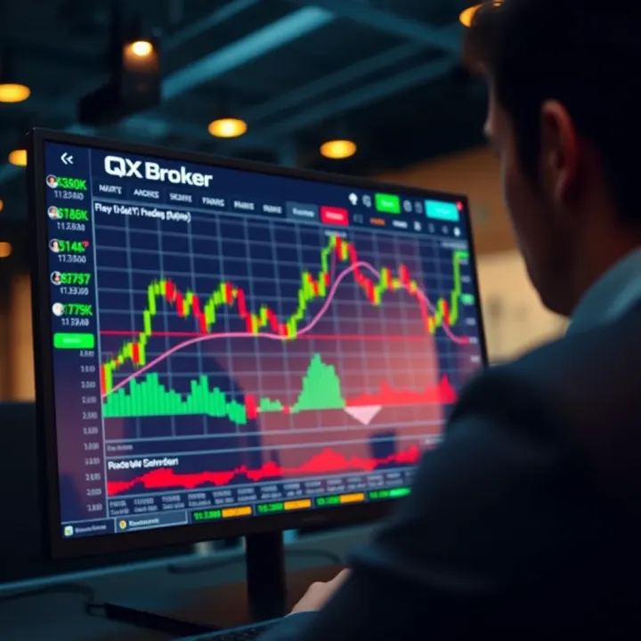 User interface displaying QX Broker trading platform with charts and market data