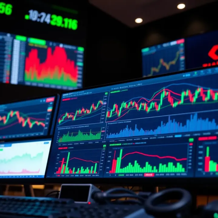 Trading platform dashboard displaying various financial charts and market data