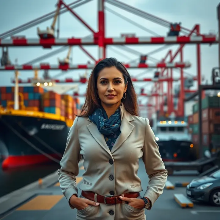 Rafaela Aponte-Diamant at a Busy Maritime Port Rafaela Aponte-Diamant standing confidently by a large cargo ship at a bustling port