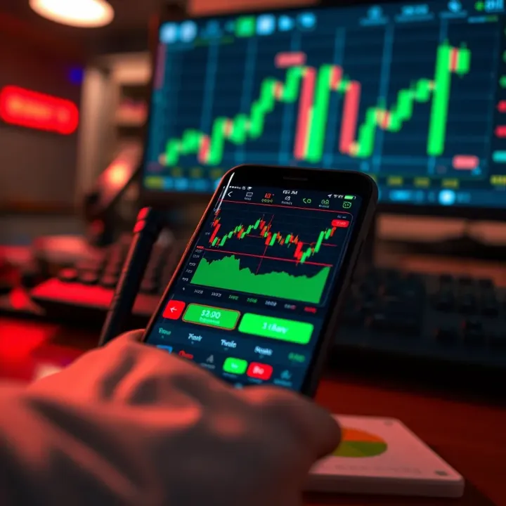 Smartphone displaying a forex trading app with charts and currency pairs