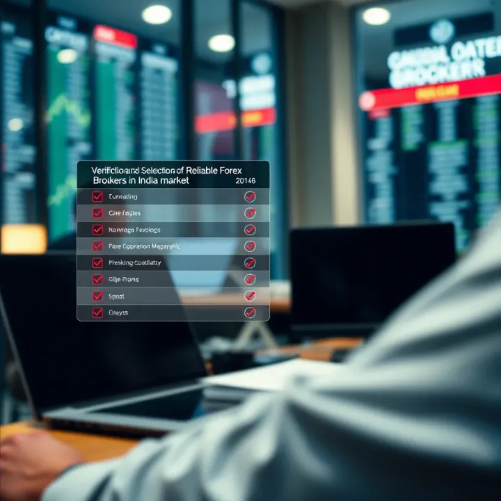 Graphic showing checklist for evaluating legitimacy of forex brokers in Indian market