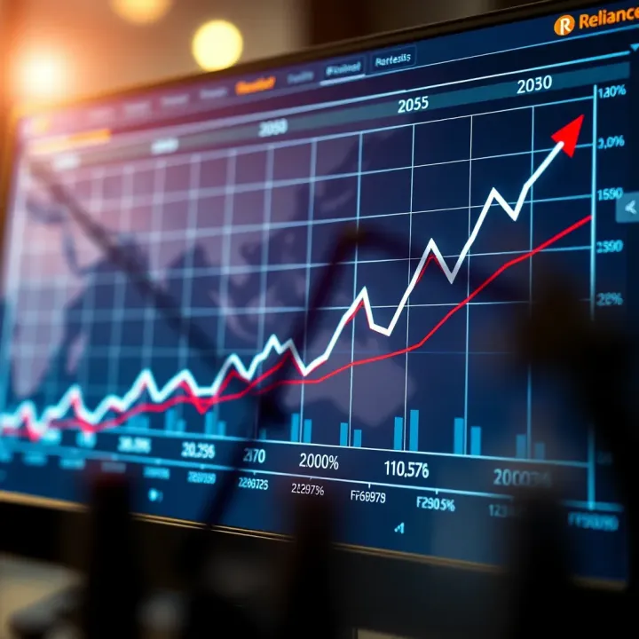 Graph displaying upward trends in Reliance Industries share price over time with growth indicators