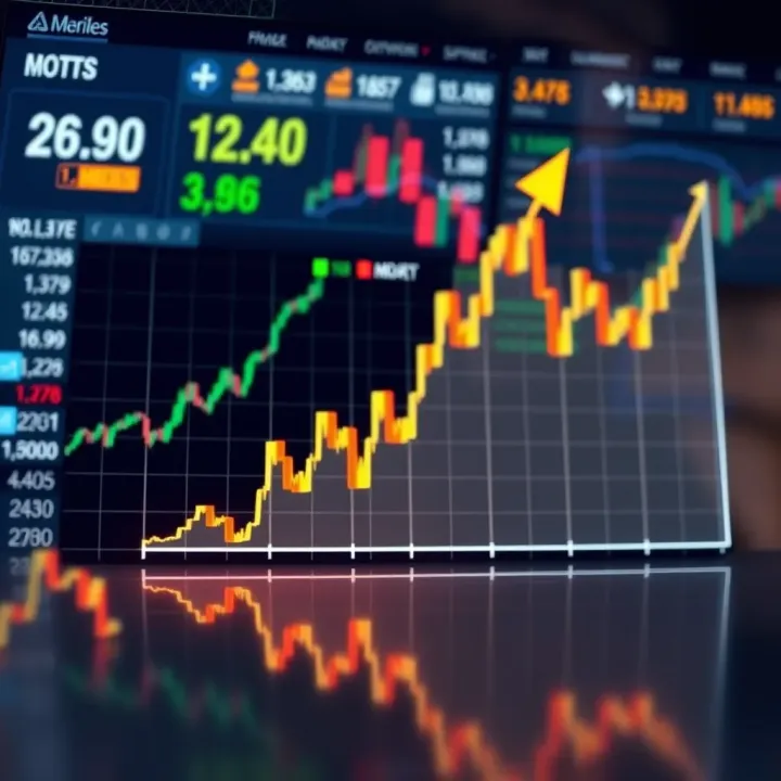 Graph showing upward trend in Reliance Industries stock price with market indicators in the background