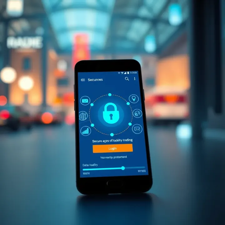 Secure Access Features of Trading Applications Secure login screen on a smartphone with financial icons representing security and data protection