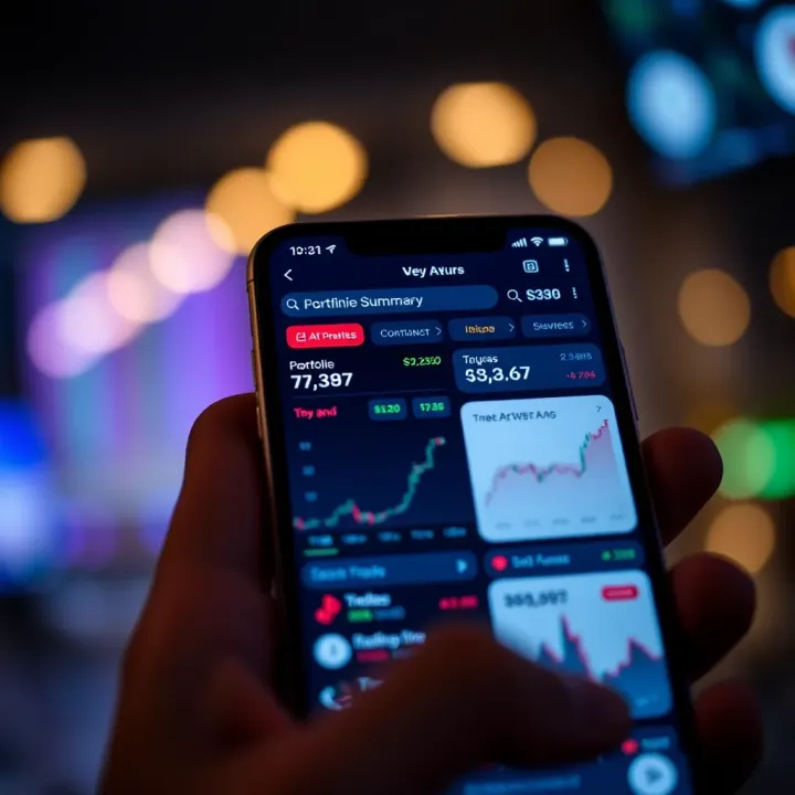 Key Features of a Practical Trading Application Mobile phone screen showing essential features of a trading app including portfolio summary and market trends