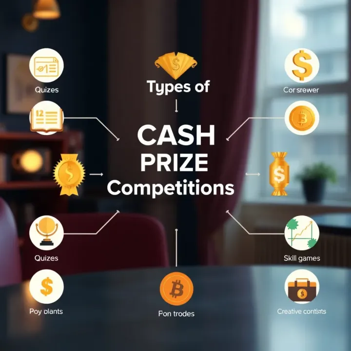 Graphic illustrating various types of cash prize competitions such as quizzes, creative contests, and skill games