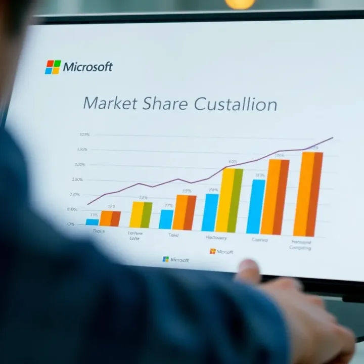 Graph showing market share comparison between Microsoft and its major competitors in software, hardware, cloud computing, and gaming sectors