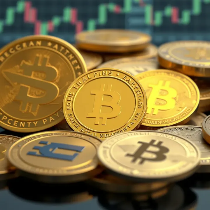 Graphical representation of cryptocurrency coins with icons representing security and payment methods