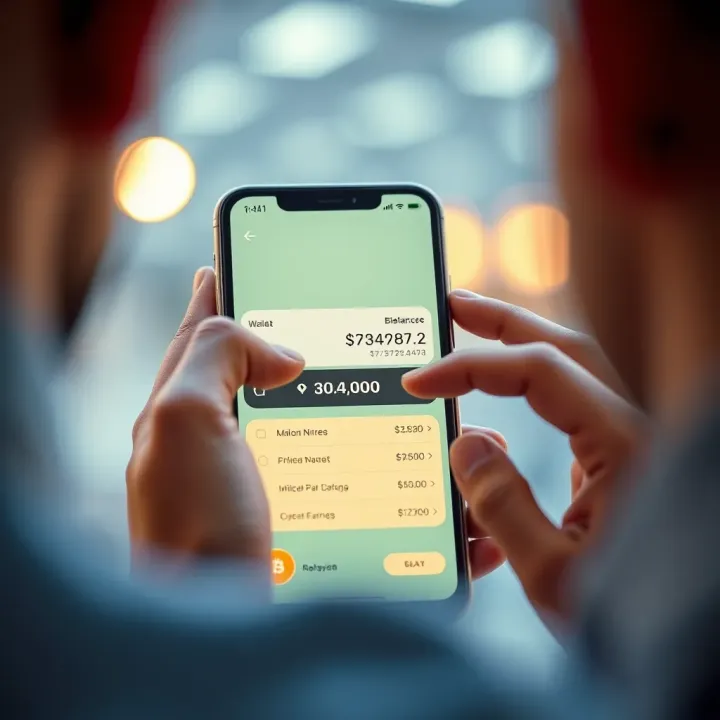 User interacting with a digital wallet interface on a smartphone showing cryptocurrency balance