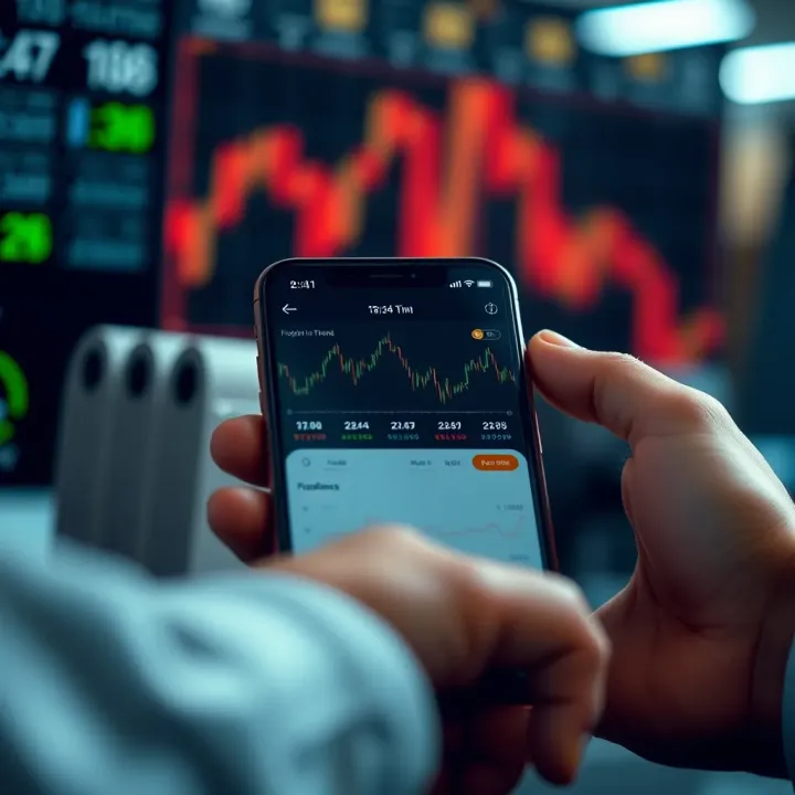 Mobile device displaying fixed time trading app interface with charts and options