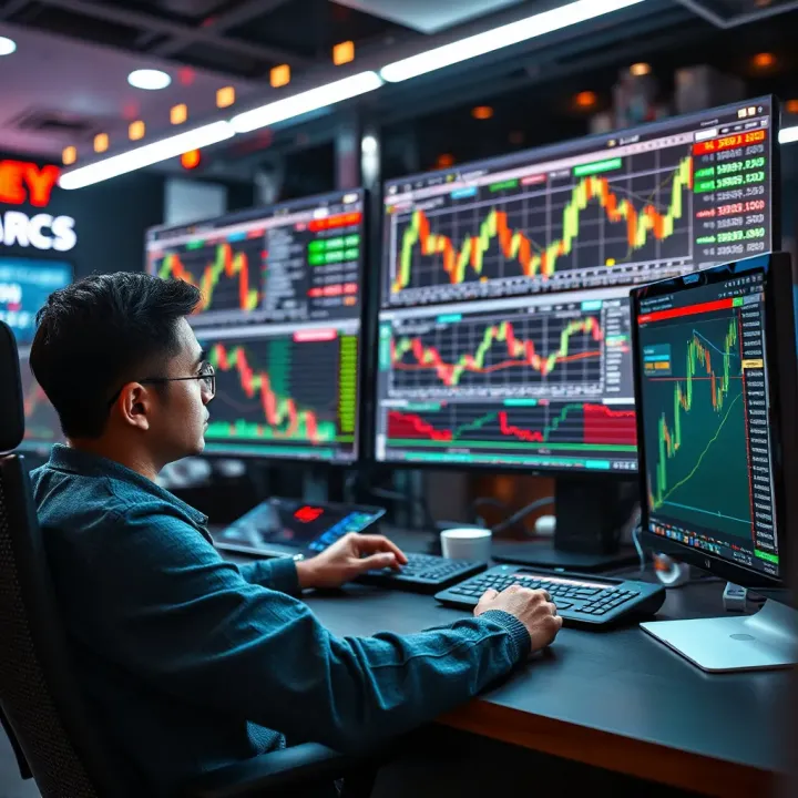 Competitive Trading Environment in Forex Contests Illustration of a trader analyzing currency charts on multiple screens with competitive elements