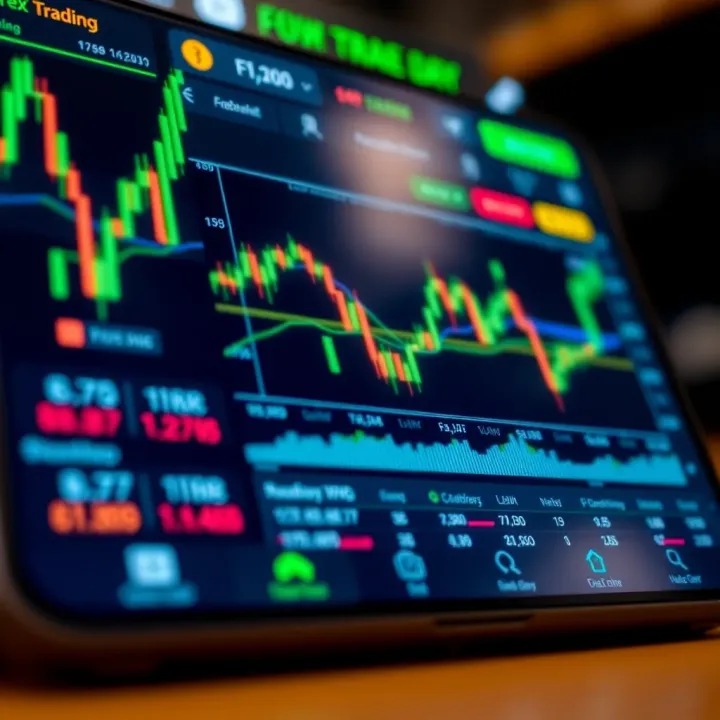 Interface of a forex demo trading app showing virtual currency chart and trading options