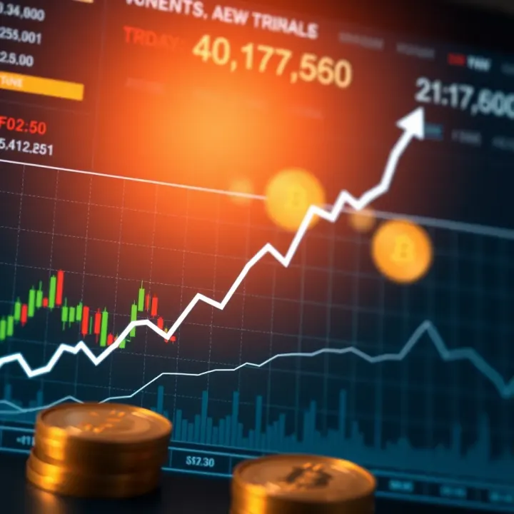 Graph showing upward trends and cryptocurrency icons representing automated trading success
