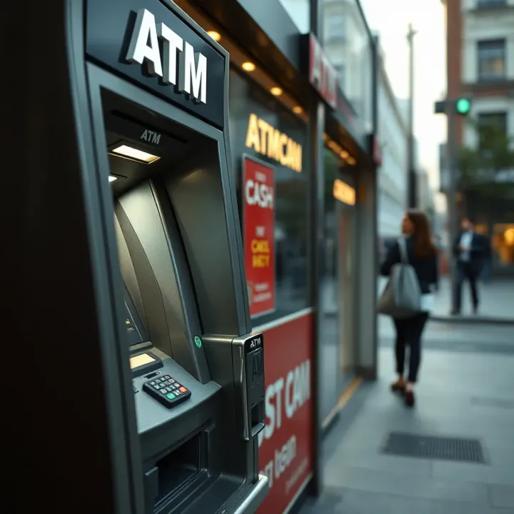 Person securely withdrawing cash from an ATM machine in a well-lit urban setting
