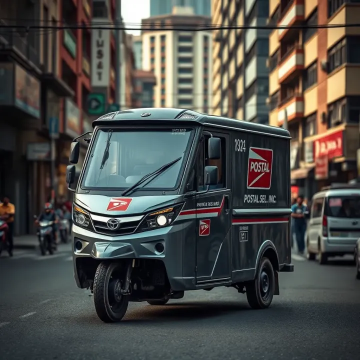 Contemporary Postal Services in Urban India Modern postal delivery vehicle amidst urban cityscape