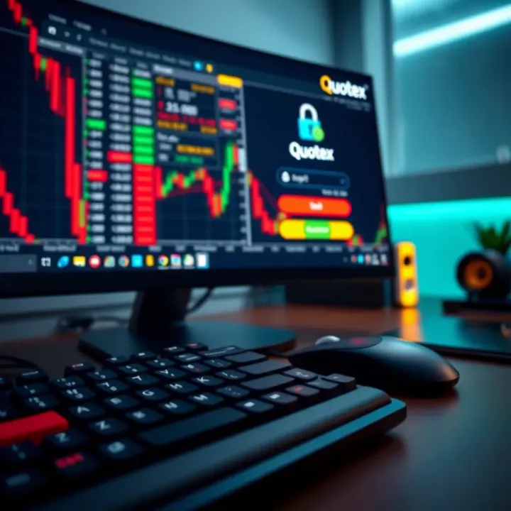 Close-up of a PC keyboard and mouse next to a monitor showing a secure login interface for Quotex